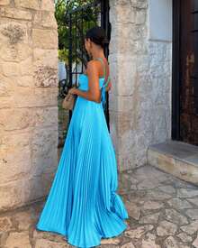 Women's Pleated Halter Neck Maxi Dress, Crisscross Straps Cutout Waist Evening Gown - 湖藍色 - 查看 2