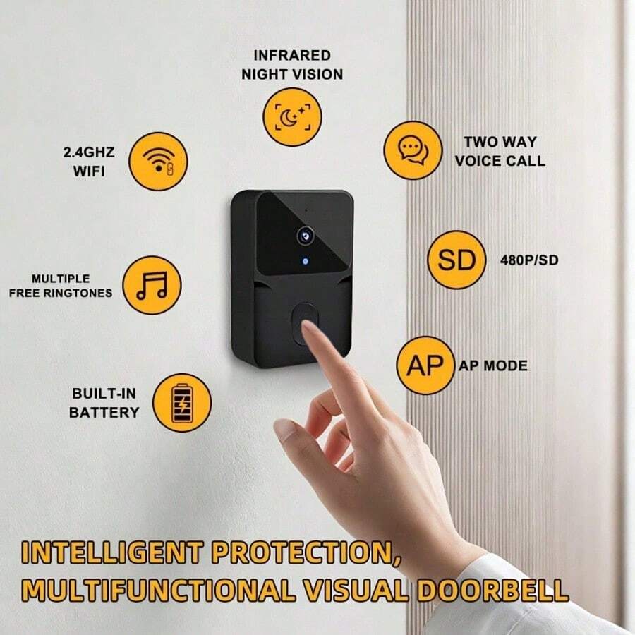 1PC Smart WiFi Video Doorbell, Wireless Security Doorbell With Built-In Battery, Two-Way Audio, USB Rechargeable, 2.4G WiFi Supported, 400mAh Battery, Long Playtime, Home Smart Security Device