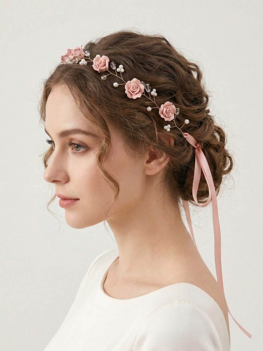 Diadema elegante de mujer con enredadera floral de rosas, perlas y cristales, lazo de cinta, accesorios para el cabello de novia y boda para fiesta, accesorios de dama de honor con cinta