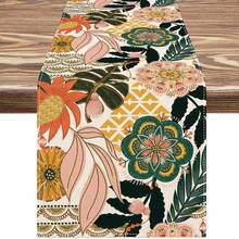 1 pieza Camino de mesa de lino con textura de estampado floral tropical bohemio, camino de mesa decorativo con patrón geométrico de mandala y hojas para comedor, cocina, mesa de café, decoración del hogar y fiestas - Multicolor - Ver 7