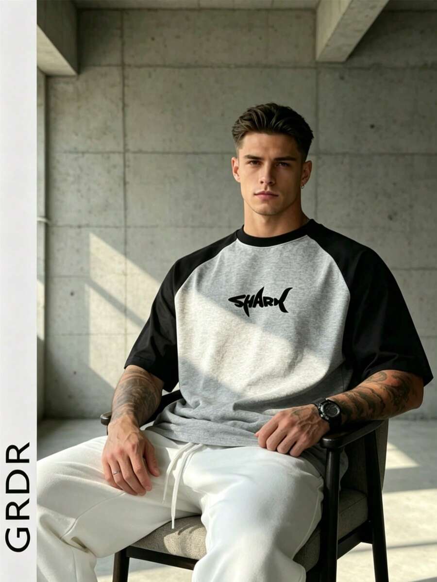 GRDR Men's Summer Raglan Colorblock Casual Daily Commute American Vintage Print Round Neck Short Sleeve T-Shirt | Comfortable & Fashionable - Grey - View 1