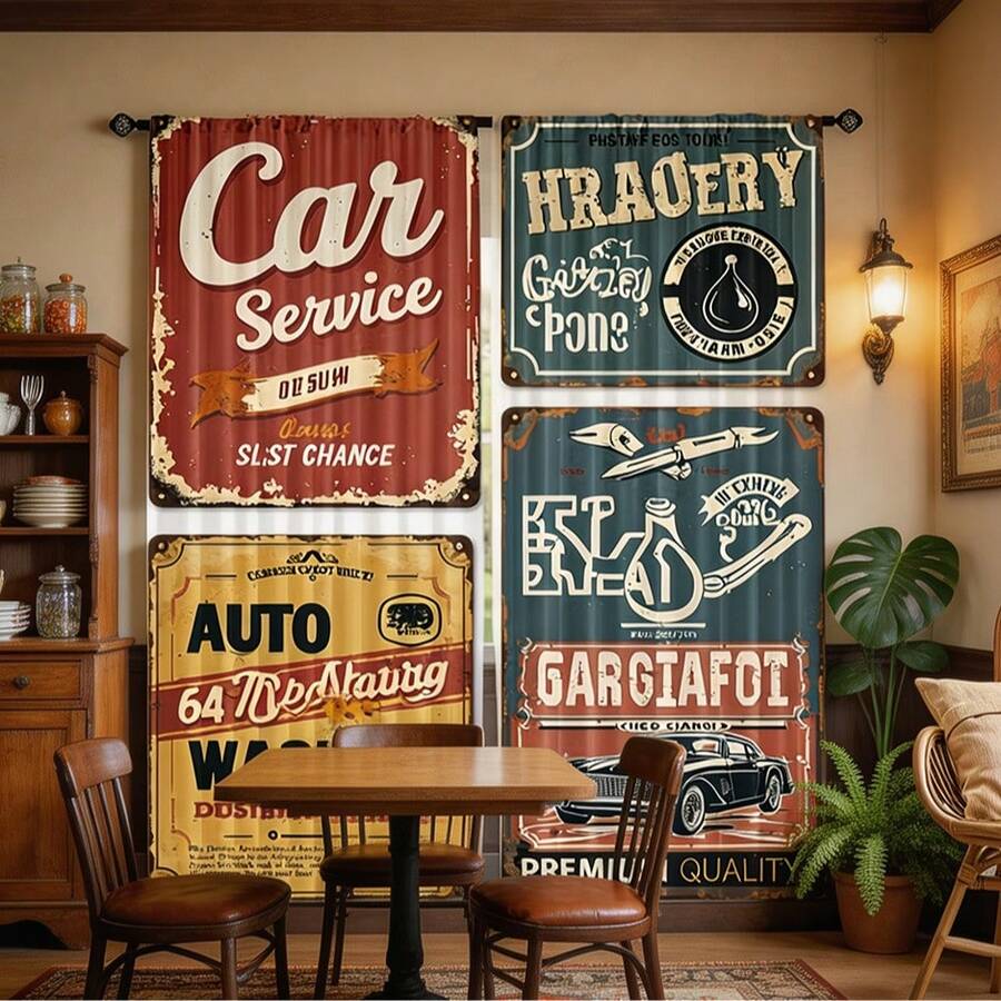 2 buah Tirai Retro Vintage, Tirai Bermotif Jalanan Bergaya Bengkel Mobil Artistik, Desain Kantong Batang, Perlindungan Privasi, Tirai Multifungsi Bermotif Modis, Cocok untuk Dekorasi Rumah Kamar Tidur, Dapur, dan Ruang Tamu - MultiWarna - View 1