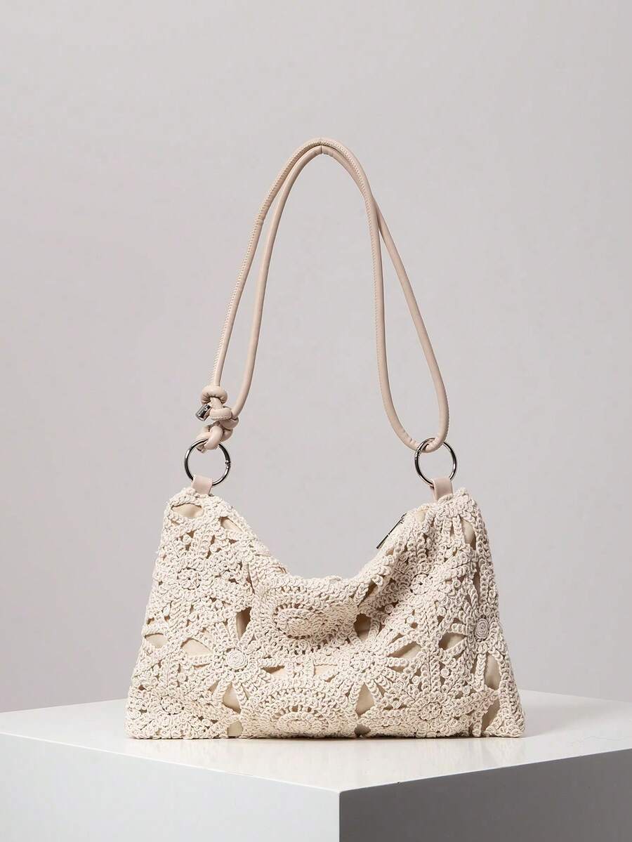 Bolso Tejido con Diseño Floral Calado, Bolso de Hombro Bohemio, Bolso de Paja Casual para Vacaciones, Bolso de Mano con Cierre Redondo de Metal, Estilo Playa (Patrón Aleatorio) - Multicolor 3 - Ver 1