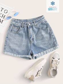 Summer Rolled-Up High-Waisted Denim Shorts - Bronze - View 1