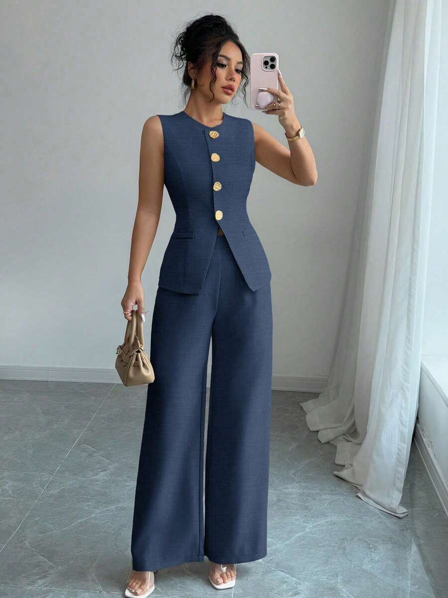 Women's Smart Casual/Office Suit With Floral Print Button Embellishment - 藍色 - 查看 1