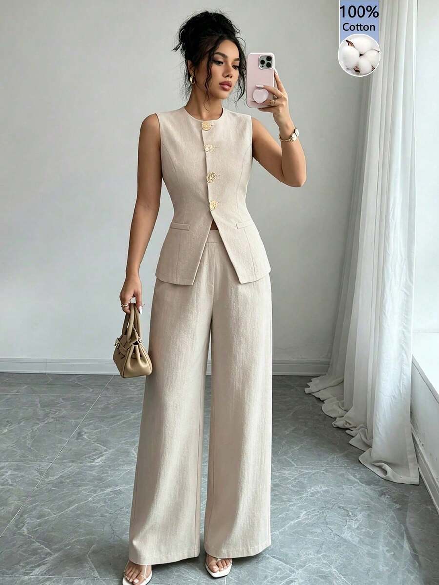 Conjunto de 2 piezas elegante estilo francés con botón con diseño de flor para tiempo libre/para mujer - Albaricoque 2 - Ver 1