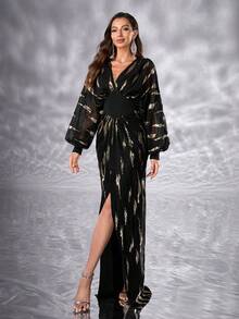 YISIKADO Women's Deep V-Neck Sequin Lantern Sleeve Long Evening Dress - Multicolor - View 5