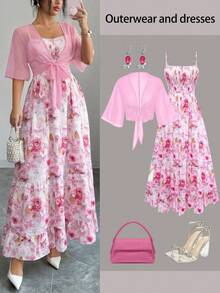 Ensemble 2 pièces pour femmes avec cardigan en mousseline élégant + robe imprimée, imprimé floral romantique sur tout le corps, élégant bohème sexy pour la nuit, les vacances, la plage, rose d'été - Rose bonbon - Voir 1