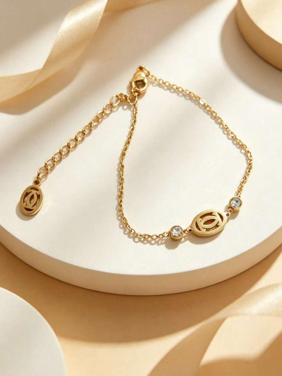 1 pieza Pulsera de lujo estilo francés con colgante redondo de letra, totalmente de strass, chapada en cobre con cadena fina, joyería de alta gama y versátil para ir al trabajo. - Pulsera con letra ahuecada - Ver 1