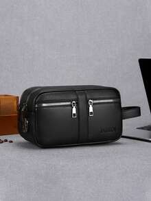 Bolso de muñeca de moda para hombres, diseño de múltiples compartimentos, gran capacidad de almacenamiento de documentos, uso dual para negocios y casual - Negro - Ver 3
