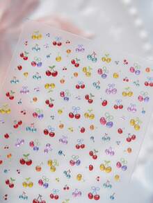 1 Sheet 5D Jelly Glitter Cherry Nail Stickers, Multicolor Mini Cherry & Fruit Design, Self-Adhesive Waterproof Nail Art Decals For DIY Manicure - Multicolor - View 5