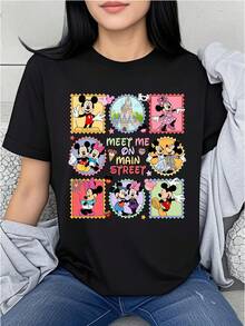Disney Mickey And Minnie Mouse Print Women's T-Shirt, Casual, Fashionable Round-Neck Short-Sleeve Summer Top, Preppy Style Cartoon Breathable Sweatshirt, Suitable For Outdoor And Everyday Wear. - 黑色 - 查看 1