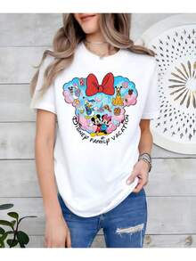 DISNEY Women's & Mickey Mouse T-Shirt - Mickey & Print Short-Sleeve Round-Neck Top, Breathable Casual Blouse Suitable For Outdoor, Everyday Wear, Theme Parties, Machine Washable With Mickey Ears. - 白色 - 查看 3