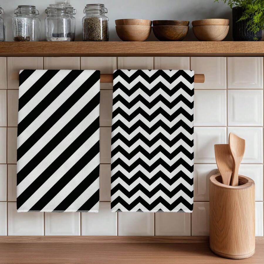2 Stück Küchentücher, schwarz-weiß gestreiftes Muster, modernes minimalistisches 40*60cm rechteckiges weiches Mikrofaser Küchentuch, Geschirrtuch, Tischdecke, Handtuch, Küchendekoration, Einweihungsgeschenk für Nachbarn, Küchenserviette und Geschirrtuch, Heimdekoration, Geschenk, Küchen- und Badezimmerbedarf, Haushaltsartikel - Schwarz und Weiss - Übersicht 1