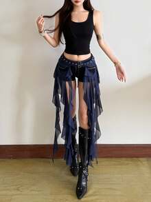 Top Dazzle Asymmetrical Versatile Ribbon Waist Skirt - Blue - View 2