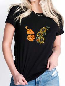 Camiseta de algodón puro con estampado de mariposas y flores, camiseta casual de primavera/verano, camiseta deportiva de manga corta con cuello redondo, top para mujer. - Negro - Ver 1