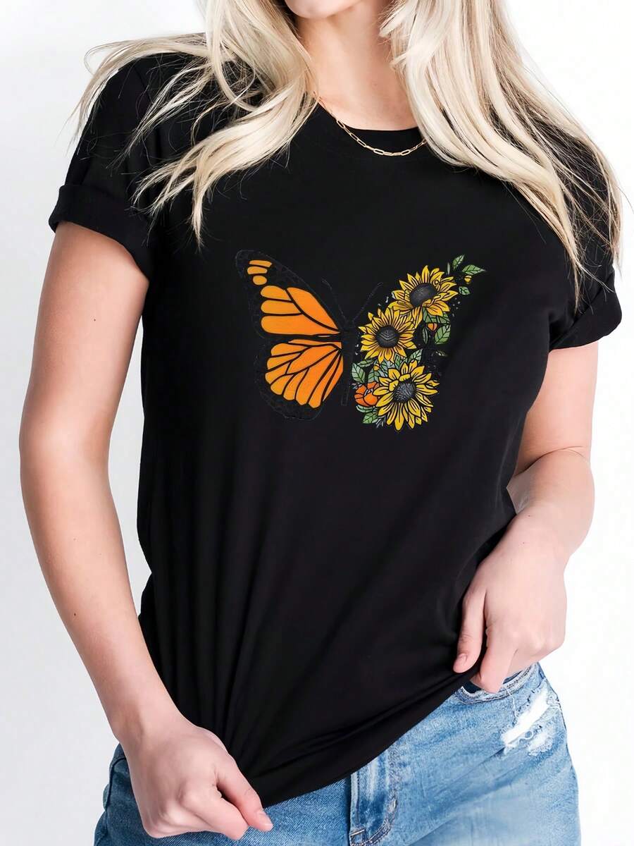 Camiseta de algodón puro con estampado de mariposas y flores, camiseta casual de primavera/verano, camiseta deportiva de manga corta con cuello redondo, top para mujer. - Negro - Ver 1