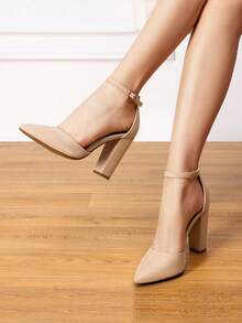 Women Ankle Strap Chunky Heel High Heels Pumps Closed Pointed Toe Fashionable Elegant Wedding Pump Shoes - 杏色 - 查看 9