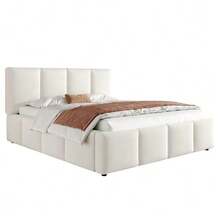 Upholstered Bed, Double Bed, 180 X 200 Cm, Slatted Base, Upholstered Headboard, Beige Chenille - 米色 - 查看 1