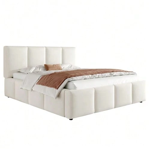 Upholstered Bed, Double Bed, 180 X 200 Cm, Slatted Base, Upholstered Headboard, Beige Chenille - 米色 - 查看 1