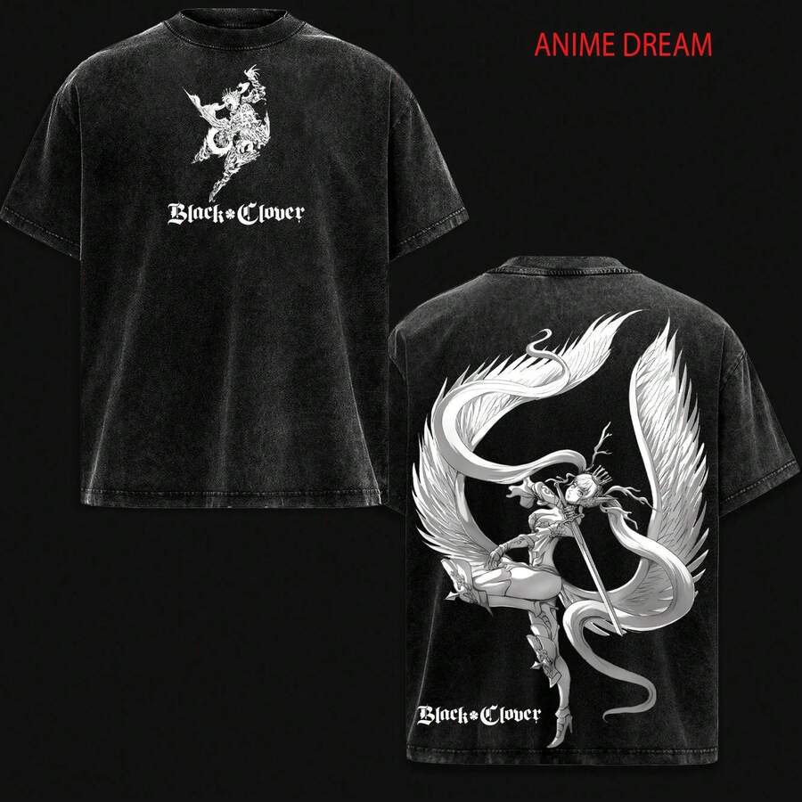 Camiseta de Algodón Grueso Lavada Estilo Vintage con Doble Estampado de Anime Black Clover de Noelle Silva, Unisex, Talla Grande, Regalo para Fanáticos del Anime, Amantes del Anime - Negro - Ver 1
