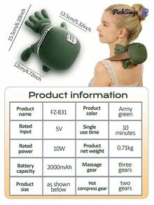 PinkSings Multifunctional Realistic 5-Finger Hand Shoulder & Neck Massager, Electric Neck & Shoulder Massager, Wireless Portable USB Rechargeable. Deep Tissue Massage, Suitable For Neck, Shoulders, Back, Arms And Legs. 2000mAh - Army Green - View 11