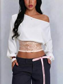 Whisplicity Fashion Women's Knit Boat Neck Top, Dropped Shoulder Long Sleeve With Lace Trim, 2-In-1 Design, Suitable For Daily Wear White - White - View 1