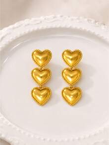 1 Pair Long Earrings, 24K Gold-Plated Iron Body With 3D Heart Decoration, Elegant French Classic Style - Love - View 2
