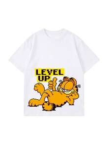 SHEIN | Garfield 女款復古像素卡通與多色字母印花圓領T恤，休閒寬鬆街頭風短袖上衣，夏季日常穿搭 - 白色 - 查看 3