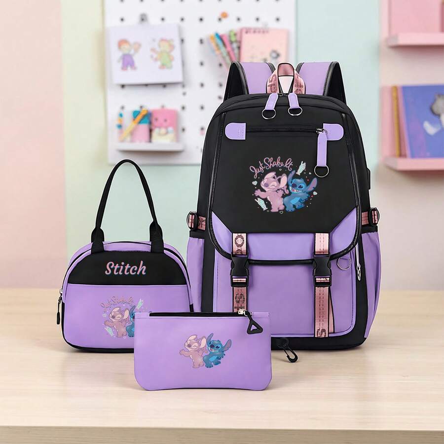 Lilo & Stitch 三合一背包套組,休閒日用包含托特包與鉛筆袋,Stitch & Angel「Just Shake It」印花黑紫色輕量書包,適合日常使用 - 顏色 1 - 查看 1