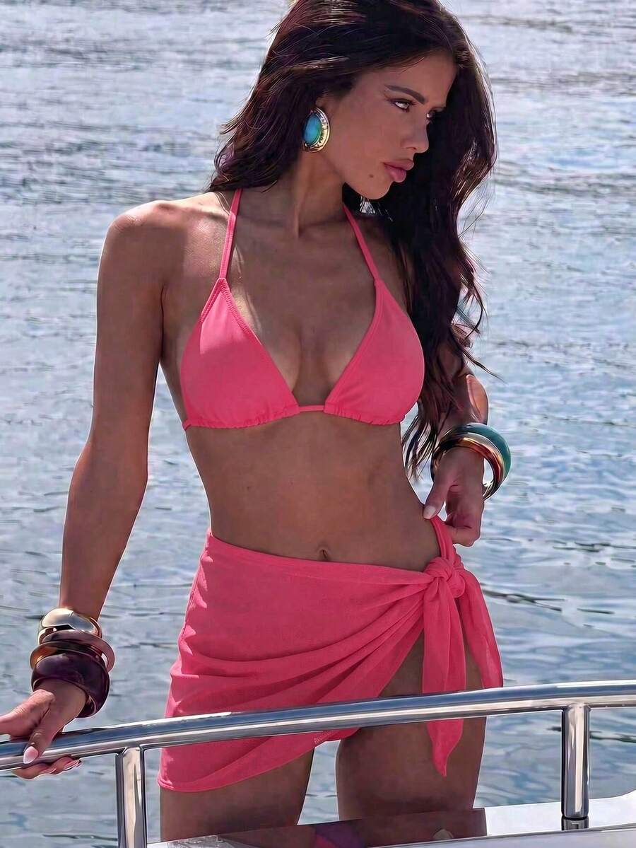 Swim Vcay Women's Halter Style Solid Color Bikini Swimsuit Set, Swimwear Set For Summer Beach Vacation - 白色 - 查看 1