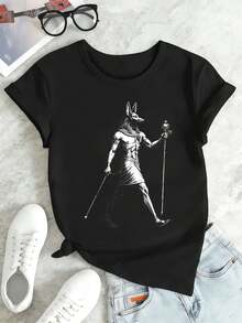 Camiseta de mujer con estampado de Anubis egipcio, de algodón suave, cuello redondo, corte holgado y cómoda. - Negro - Ver 2