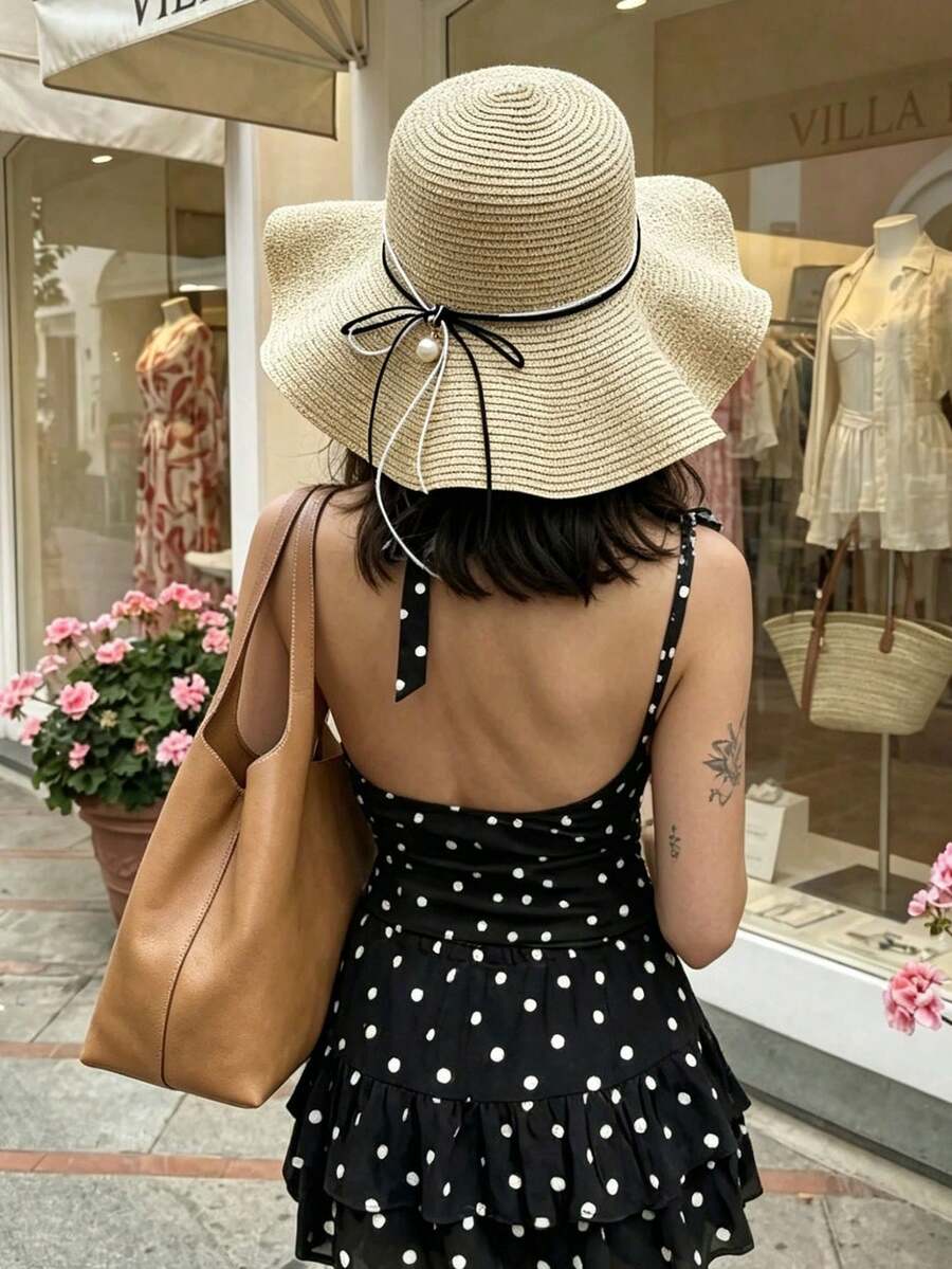 1件女款寬邊草帽，夏季防曬帽，時尚百搭 - 米色 - 查看 1