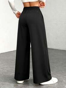 New Women's Plus Size Sports Long Pants With Side Pockets, Solid Color Loose Comfortable Casual Straight Leg Pants, Elastic High Waist Draped Wide Leg Pants, Suitable For Daily Wear, Workout, Home And Multiple Occasions - Black - View 2