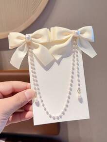 2 pezzi Fermagli per capelli con fiocco in raso, bastoncini per capelli con fiocco e nappe a catena di perle, accessori decorativi alla moda per capelli da ragazza - Multicolore - Visualizzare 4