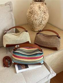 BAILEE Leisure Travel Woven Color-Blocked Shoulder Bag With PU Handle And Weaving Design. Perfect For Beachwear And Gift-Giving. - Multicolor - View 10
