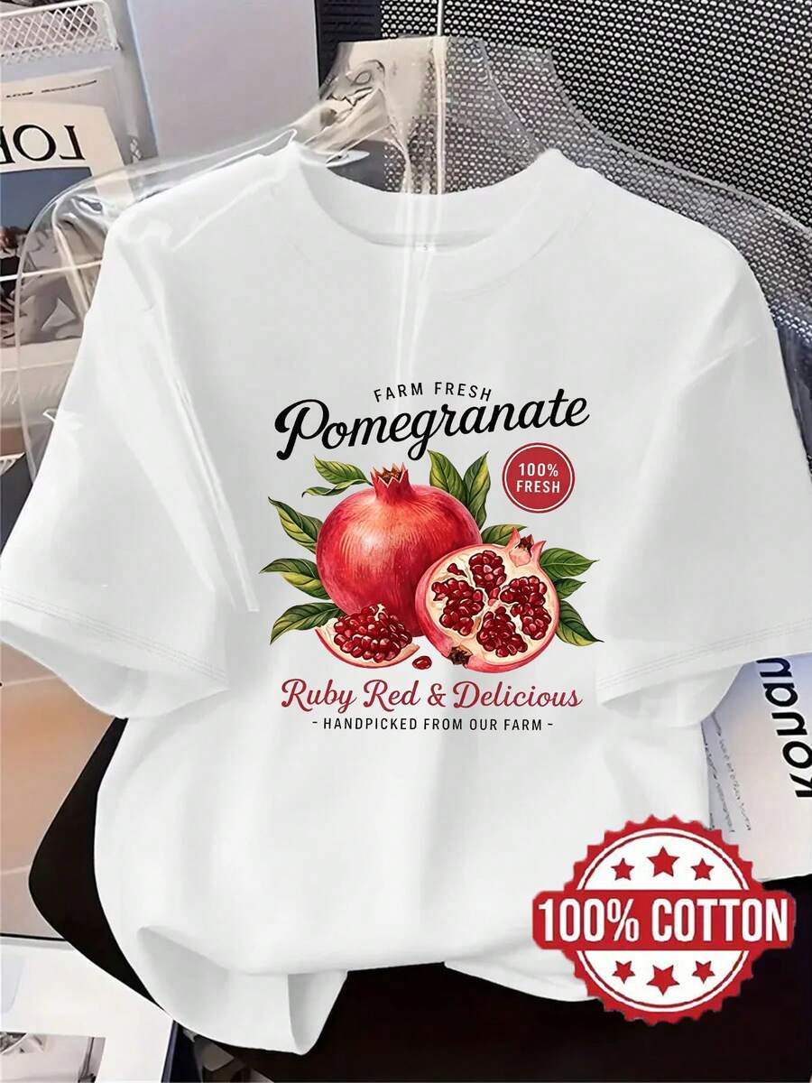 Camiseta TH584 Nueva Camiseta para Mujer, Diseño Estampado de Granada para Verano, Camiseta Casual a la Moda, Cuello Redondo Reforzado con Triple Costura, Manga Corta, Absorbente de Sudor y