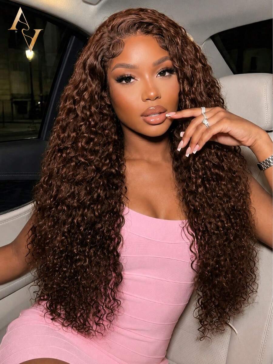 ARABELLA 13x4 Inch Deep Brown Water Wave Human Hair Seamless Hair Extensions, 100% Human Hair Transparent Lace Frontal, Pre-Bleached Pre-Trimmed, 180% Density, 18-26 Inch Versatile Distribution, Beginner Friendly, Breathable Lightweight Cap, Suitable For Women To Wear On Various Occasions - S4 - View 1