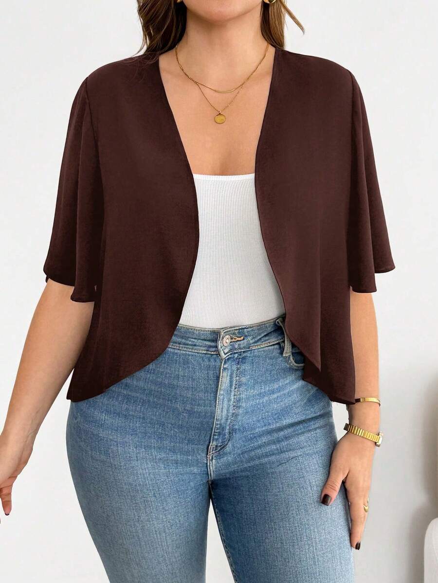 Basic Black Short-Sleeved Cardigan, Versatile And Comfortable For Everyday Wear, Plus Size Women's Casual Fashion, Summer Coats, Going-Out Blouses, Office Wear, Vacation Wear - 棕色 - 查看 1