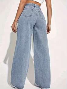 Celana Jeans Lurus Warna Biru Muda Kasual Modis untuk Remaja Perempuan - Light Wash - View 2