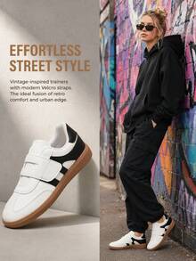 Academy Style Black & White Colorblock Hook And Loop Training Shoes, Soft Breathable Rubber Sole Casual Shoes, Daily Commute Retro Low-Top Slouchy Shoes - White - View 2