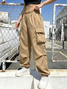 1pc Tween Girls Outdoor Street Casual Solid Color Cargo Pants - Khaki - View 8
