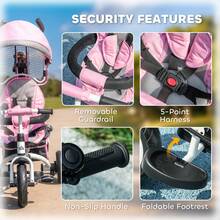 HOMCOM Triciclo Evolutivo para Bebés 6 en 1 Triciclo para Niños de 1-5 Años Bicicleta para Niños con Toldo Plegable Mango Telescópico Desmontable Cinturón de protección y Cesto 95x50x106 cm - Rosa - Ver 8