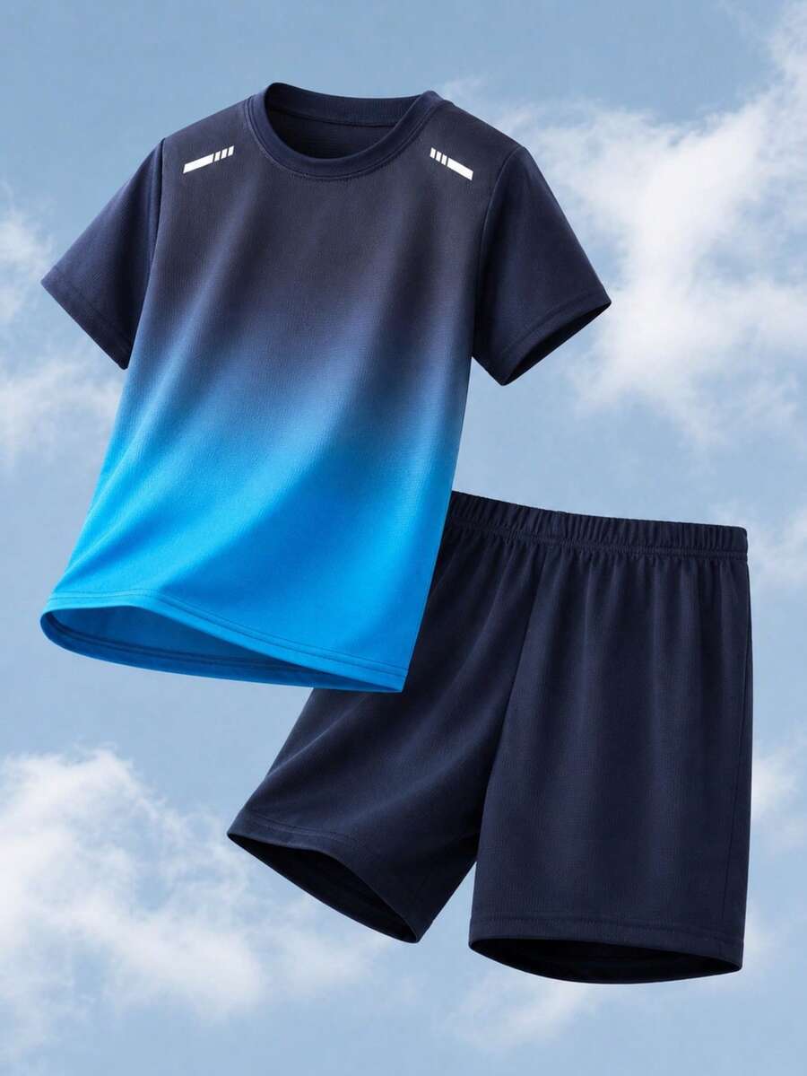 2pcs/Set Teen Boys Navy Blue Gradient Sports T-Shirt And Shorts, Short Sleeve Athletic Set, Suitable For School, Running, Training, Basketball And Outdoor Activities - Blue - View 1