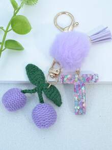 1 buah Gantungan Kunci Huruf Inggris Resin Bermotif Langit Berbintang dengan Hiasan Rumbai dan Bola Bulu Hitam, Liontin Hati, Hadiah untuk Teman dan Ibu - Mauve Purple - View 21