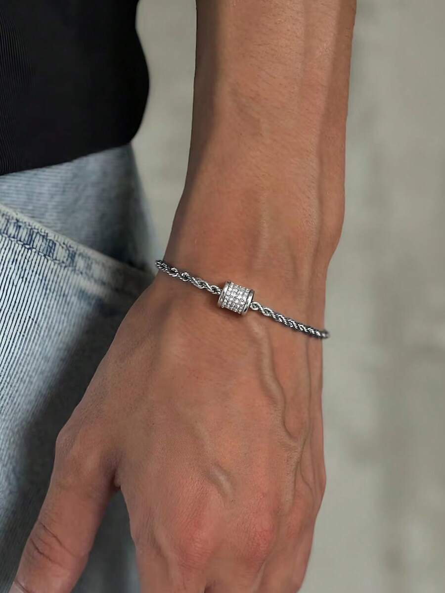 1pc & Luxury Silver Stainless Steel Sparkling Cubic Zirconia Barrel Bracelet For Men Daily & Party For Daily Wear Perfect Gift - Silver - View 1
