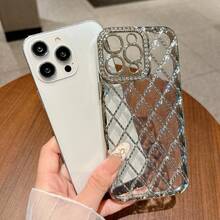 1pc Phone Case Rhombus Rhinestone Electroplated Silver Laser Engraved Transparent TPU Compatible With IPhone Protective Shell - Multicolor - View 5