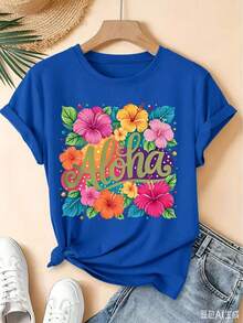 Aloha Tropical Hibiscus Flower Colorful Print Short-Sleeve Vintage Round-Neck T-Shirt, Fresh Forest Style Loose Top, 2026summer Party Commuter Women's - 深藍色 - 查看 1