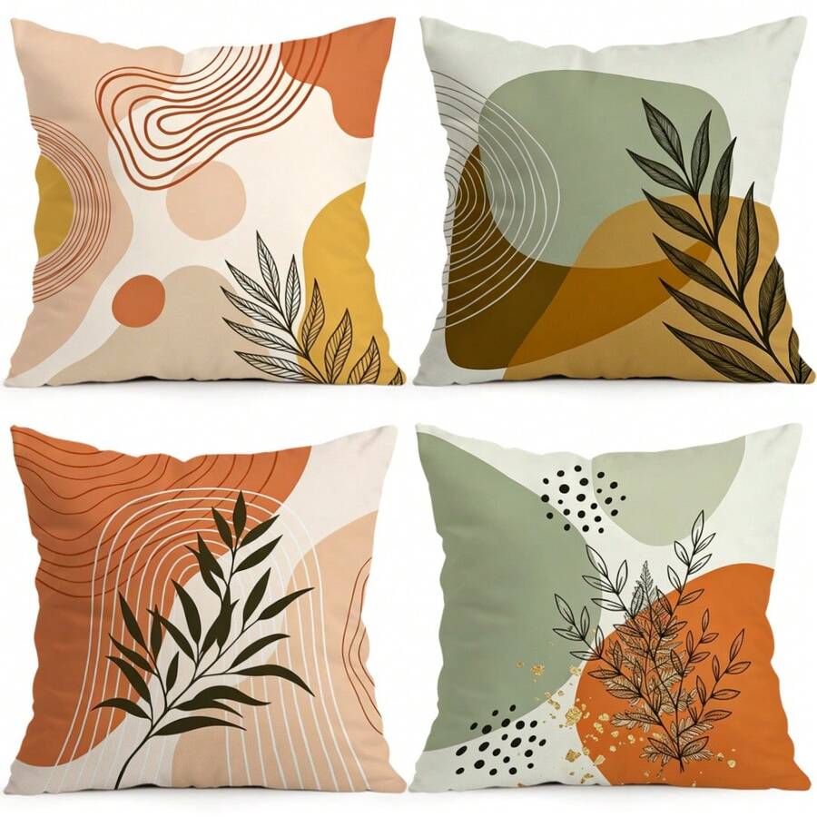 4pcs Bohemian Geometric & Botanical Pattern Pillow Covers, Single-Sided Print, Suitable For Living Room, Bedroom, Home Decor, All-Season Use - Multicolor - View 1