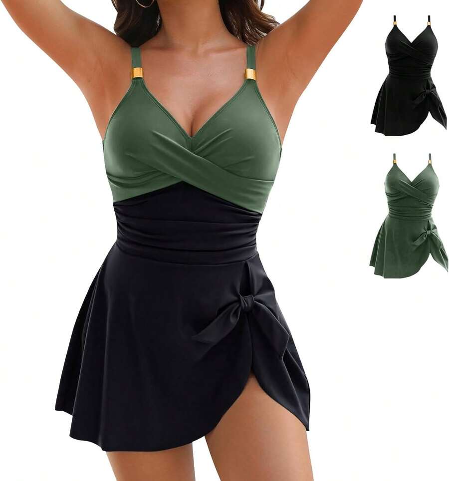 Women's Swimsuits, Women's Swimsuits For Swimming And Fitted Swimwear, Women's One-Piece Swimsuit With Elegant Skirt, Women's Swimsuit With Tummy Control For Beach, Pool, And Surfing - 黑色和綠色 - 查看 1